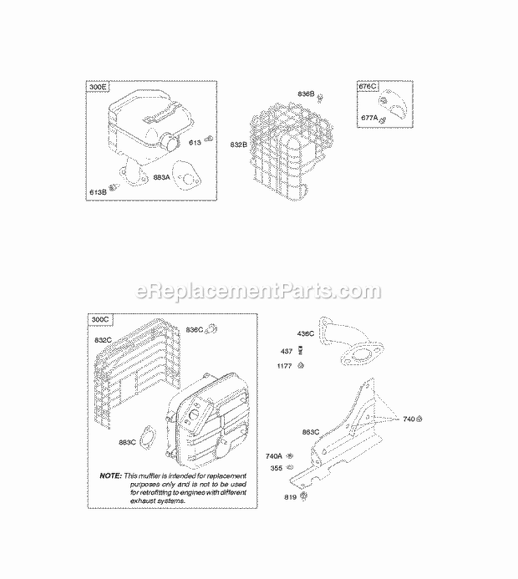 Exhaust System Diagram and Parts List for  Briggs and Stratton Engine